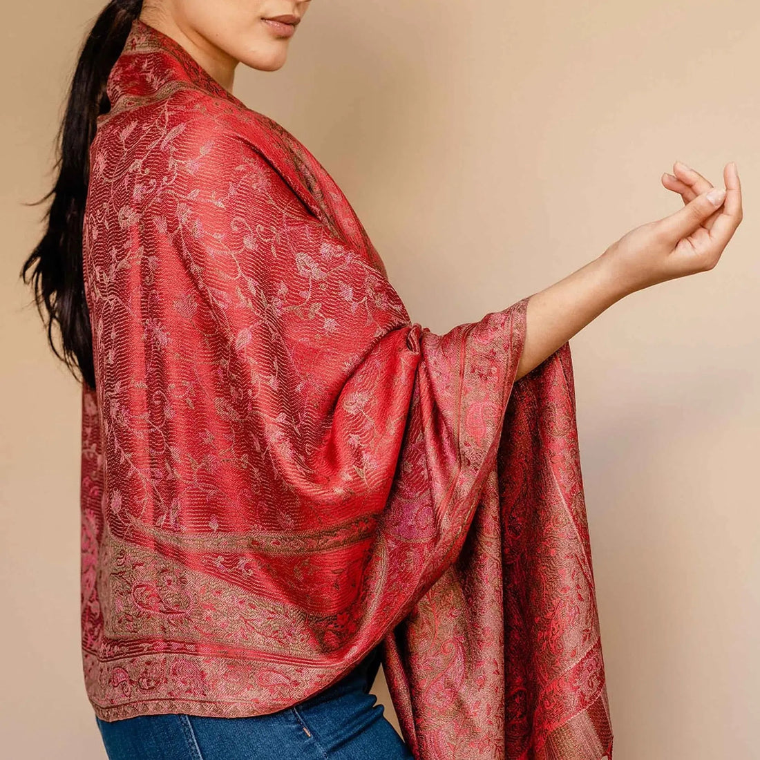 How to wear a meditation shawl — red pure silk shawl draped over the shoulders