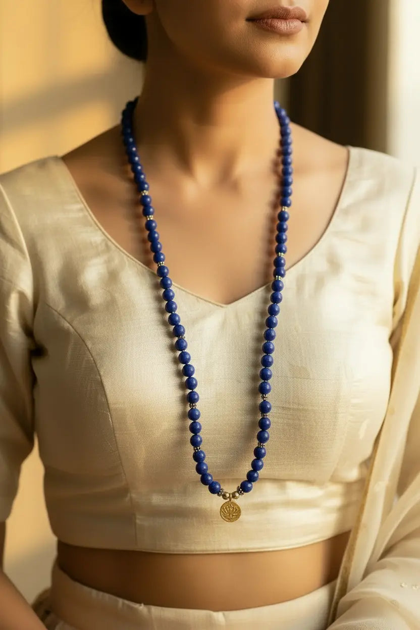 A lapis lazuli mala kept with care
