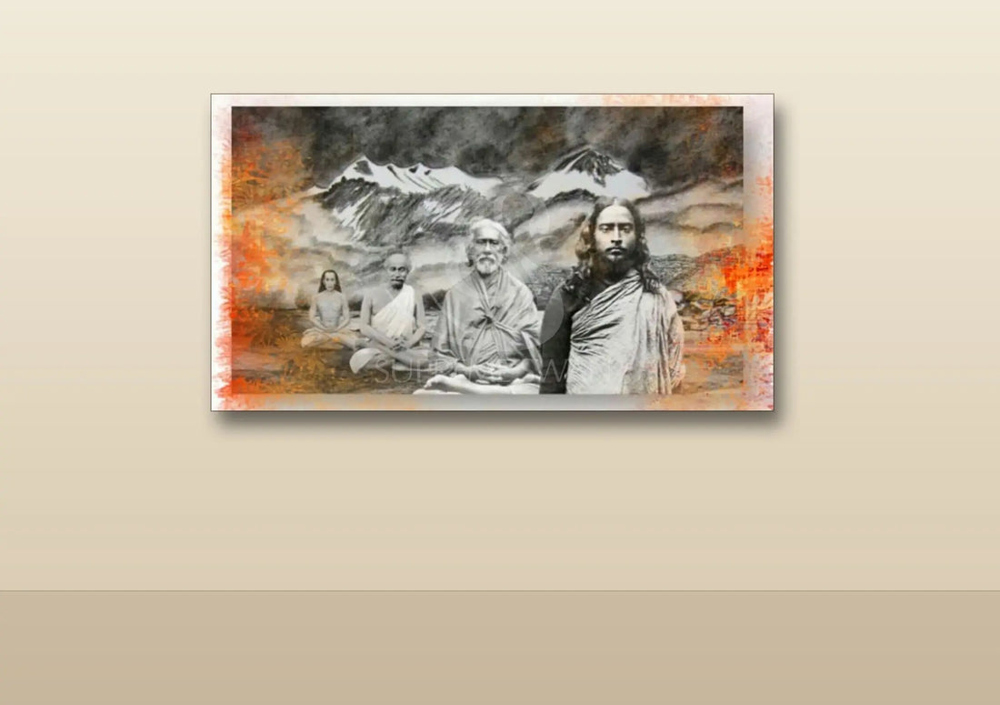 Framed portraits of the Kriya Yoga lineage gurus on an altar wall
