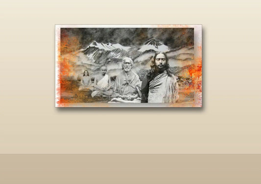 Framed portraits of the Kriya Yoga lineage gurus on an altar wall