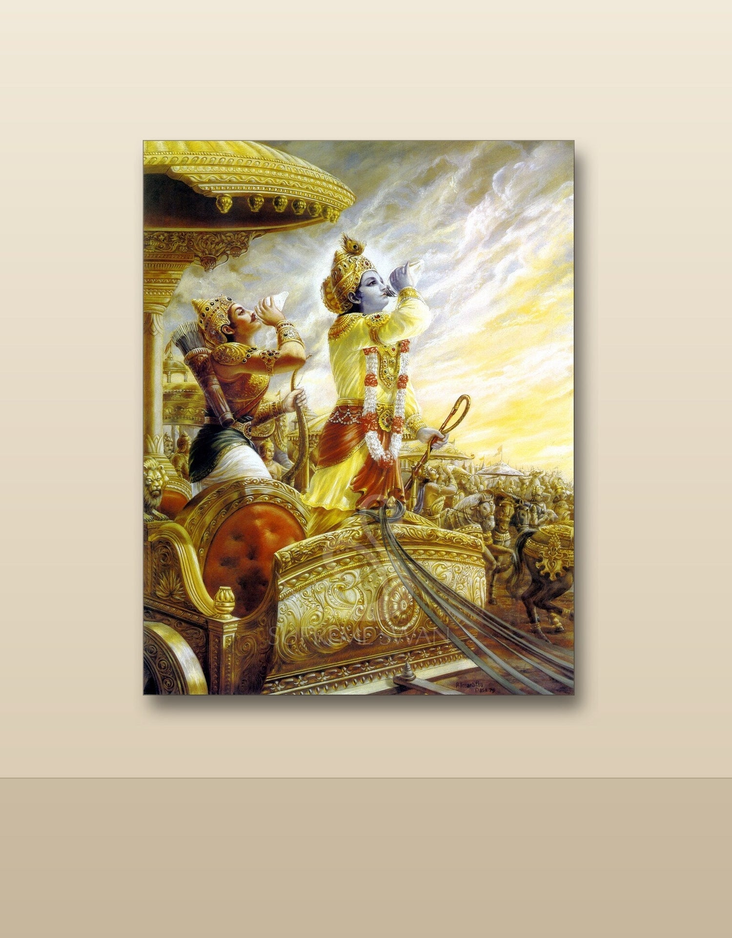 Sacred canvas print of Krishna and Arjuna displayed on a wall