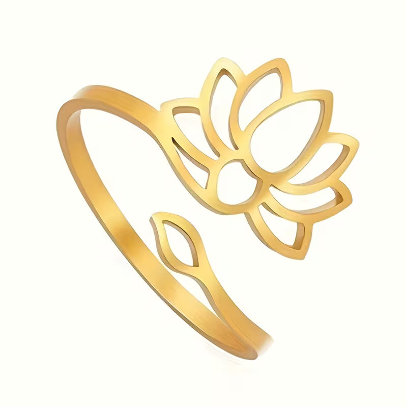 Adjustable Stainless Steel Lotus Ring — Sacred Bloom, Minimalist Design