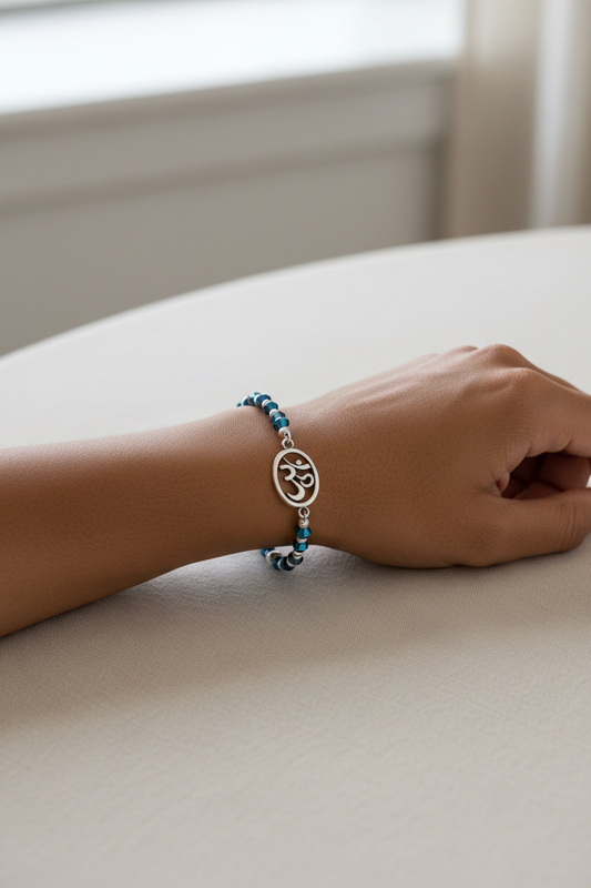 Luminous Blue & Silver Glass Beaded 7 inch / 18 cm Stretch Bracelet with OM Charm