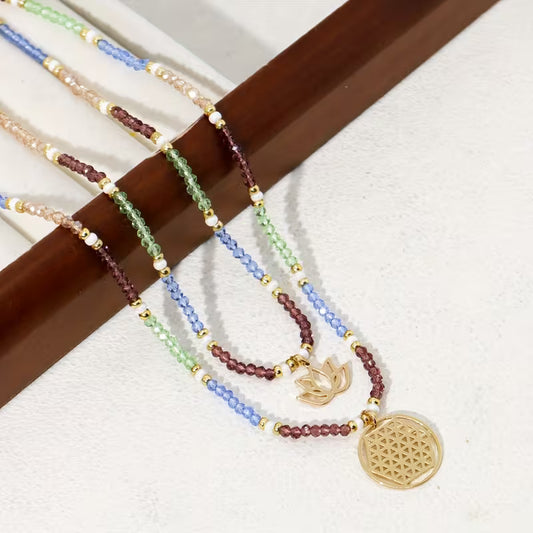 Bohemian Crystal Bead Double Layer Lotus & Flower of Life Necklace Set — Sacred Geometry