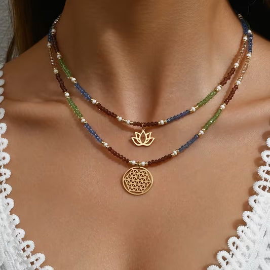 Bohemian Crystal Bead Double Layer Lotus & Flower of Life Necklace Set — Sacred Geometry