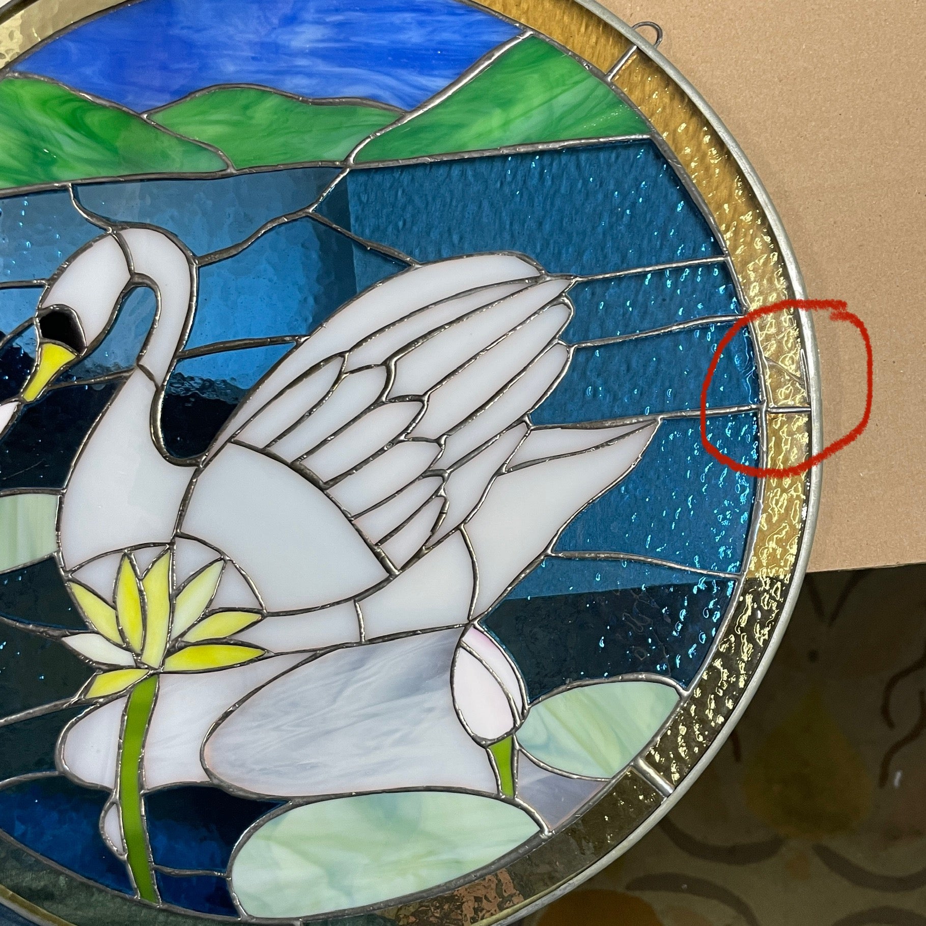 SLIGHTLY DAMAGED Encinitas Retreat Swan Stained Glass -  15 inch