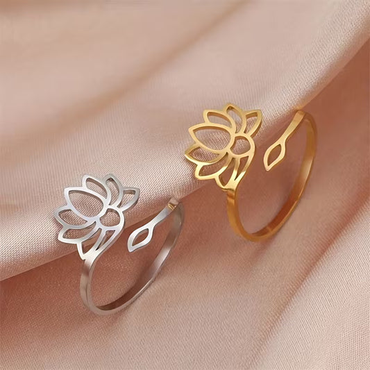 Adjustable Stainless Steel Lotus Ring — Sacred Bloom, Minimalist Design