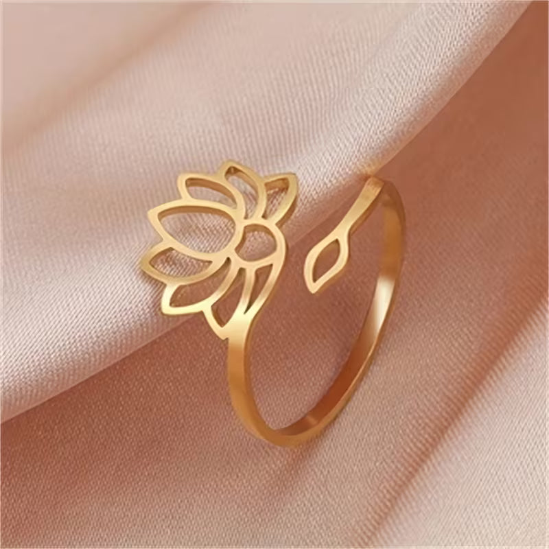 Adjustable Stainless Steel Lotus Ring — Sacred Bloom, Minimalist Design