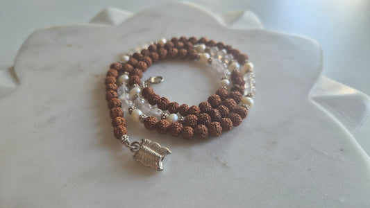 Rudraksha and freshwater pearl mala with silver butterfly detail