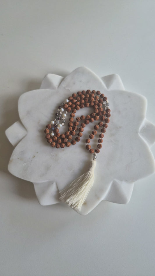 Rudraksha mala with pearls, gems and white silk tassel