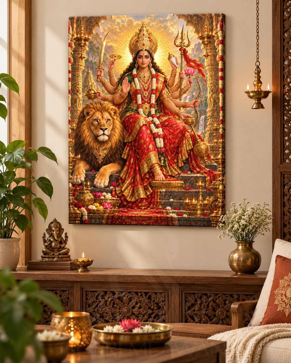 Durga Mata canvas wall mockup with subtle Supreme Swan watermark
