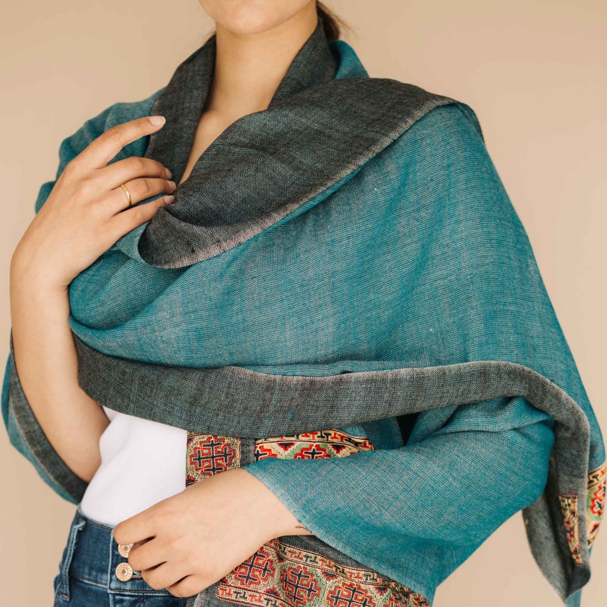 Embrace Calm Blue Wool Bordered Shawl Wrap - Best Meditation Wraps in USA for Embrace Journey Within