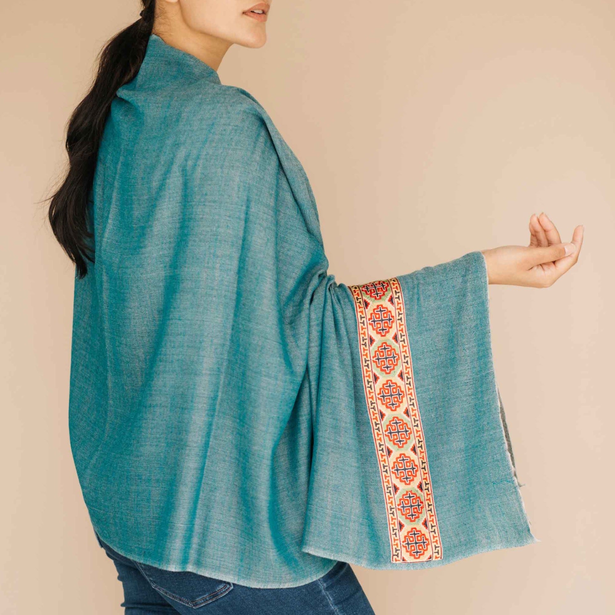 Embrace Calm Blue Wool Bordered Shawl Wrap - Best Meditation Wraps in USA for Embrace Journey Within