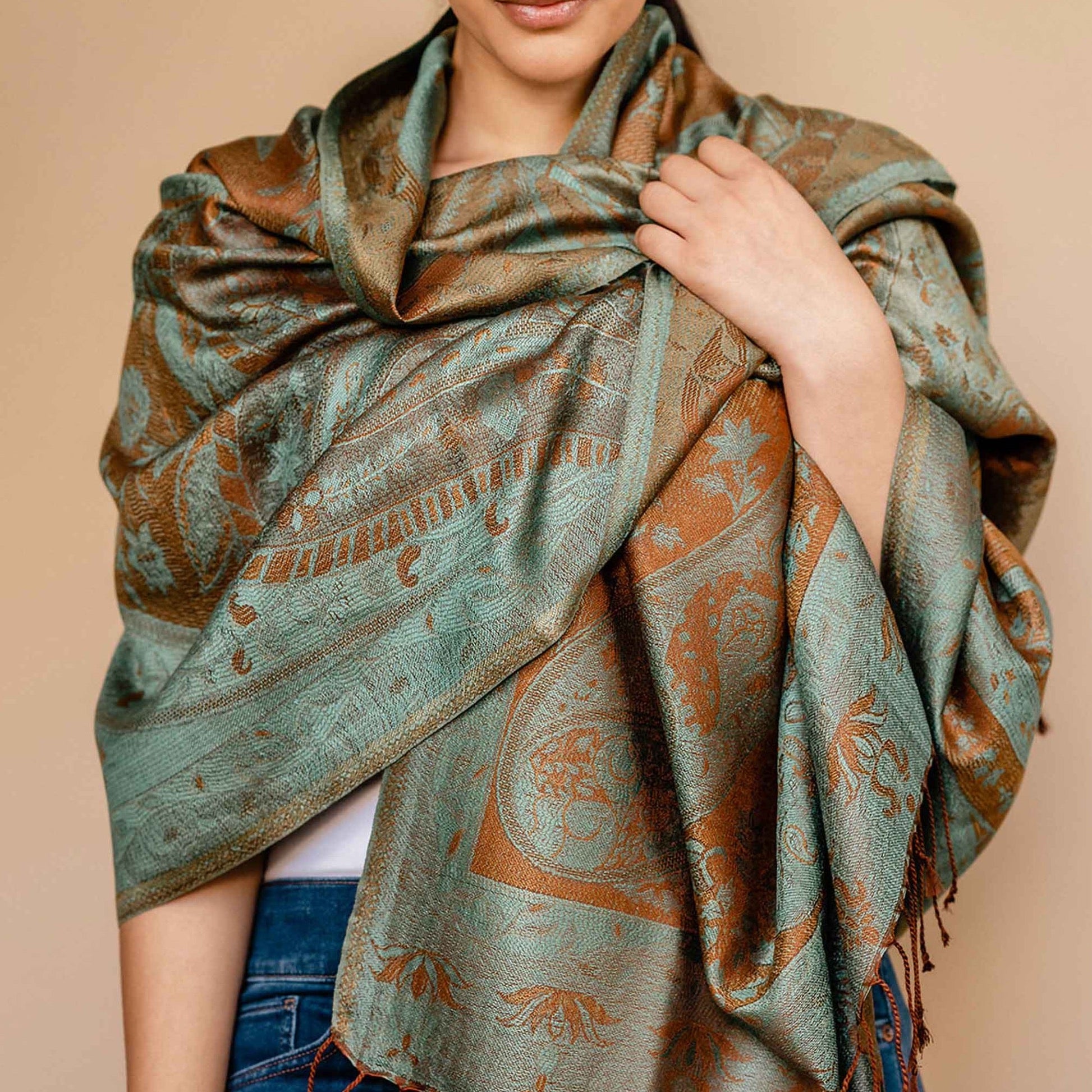 Embrace Grounded Blue & Brown Silk Shawl Wrap - Best Meditation Wrap in USA for Embrace Journey Within