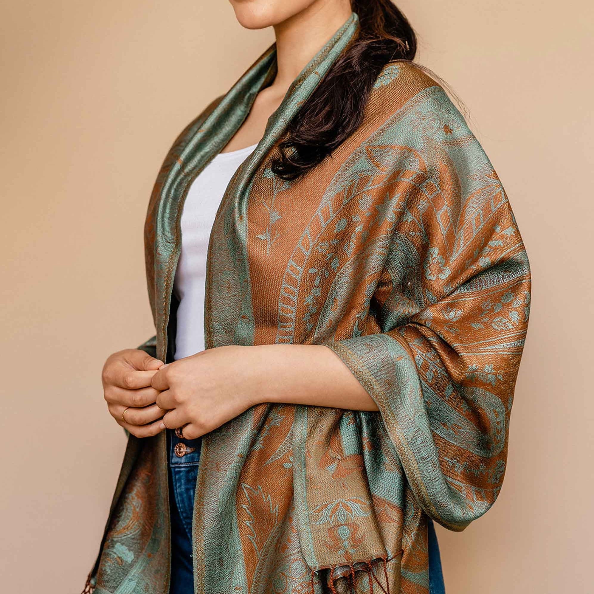 Embrace Grounded Blue & Brown Silk Shawl Wrap - Best Meditation Wrap in USA for Embrace Journey Within