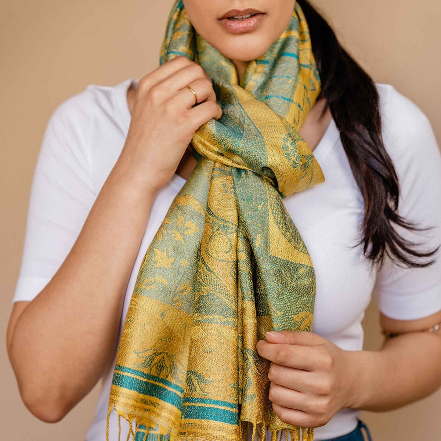 Embrace Optimistic Yellow Turquoise Silk Shawl Wrap - Best Meditation Wrap in USA for Embrace Journey Within