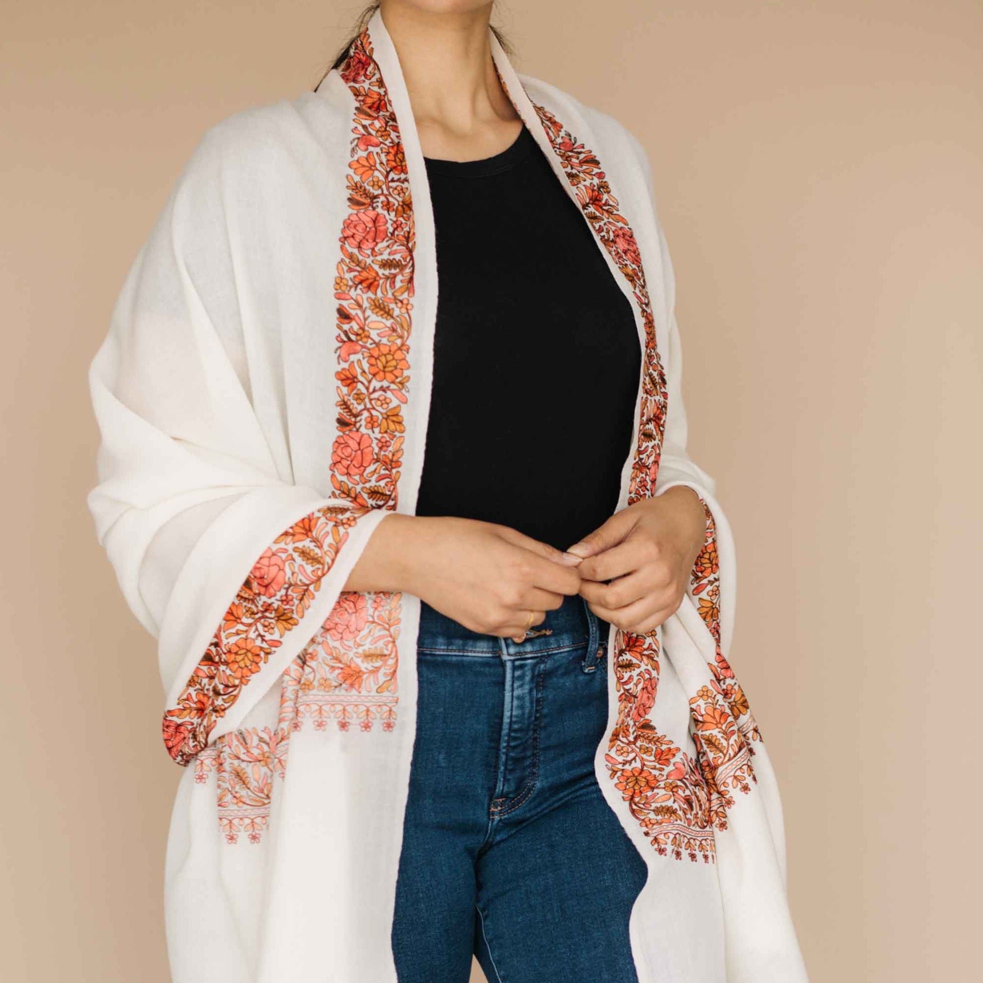 Embrace Creative Cream White & Orange Clay Pure Wool Royal Shawl Wrap - Best Meditation Wrap in USA for Embrace Journey Within
