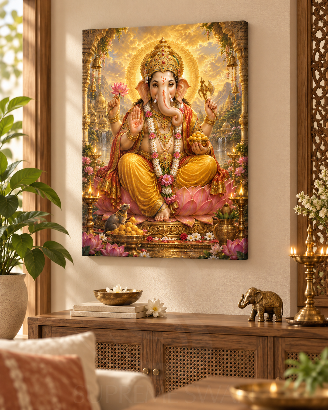 Lord Ganesha Blessing canvas wall mockup with subtle Supreme Swan watermark