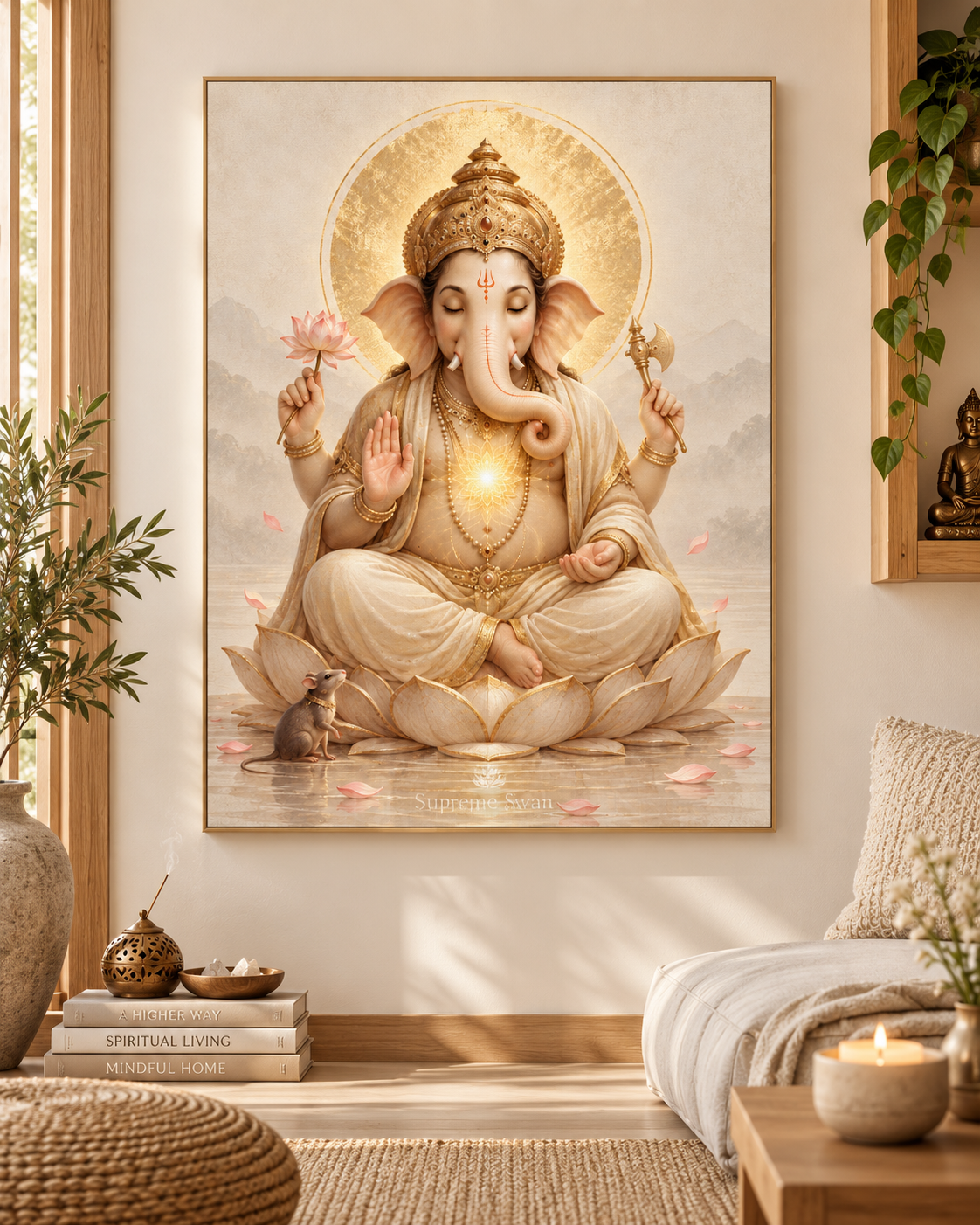 Ganesha Inner Stillness canvas wall mockup with subtle Supreme Swan watermark