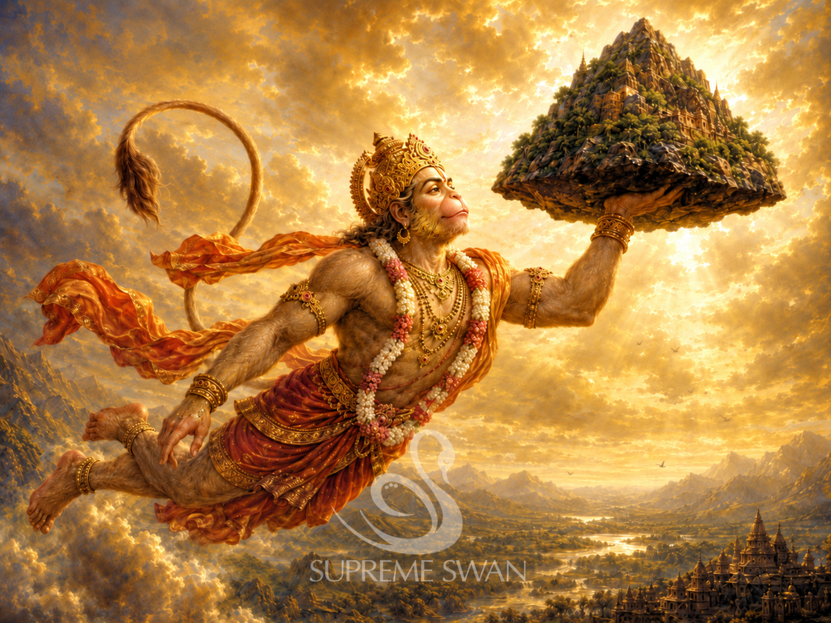 Hanuman Carrying Sanjeevani canvas print with subtle Supreme Swan watermark