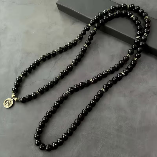 Black obsidian 108-bead protection mala necklace with lotus charm