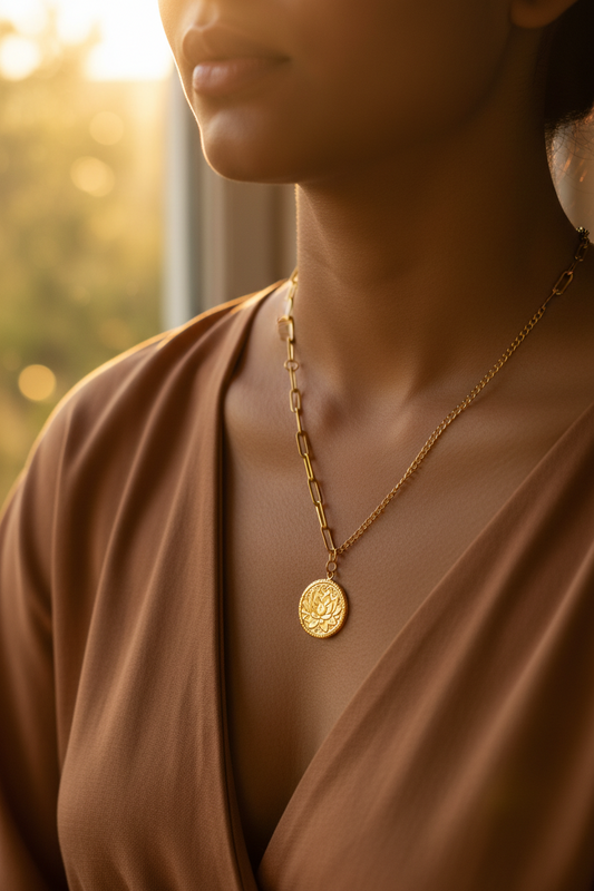 Gold-tone stainless steel mandala disc pendant necklace