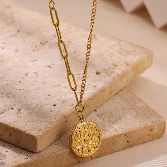 Gold-tone stainless steel mandala disc pendant necklace