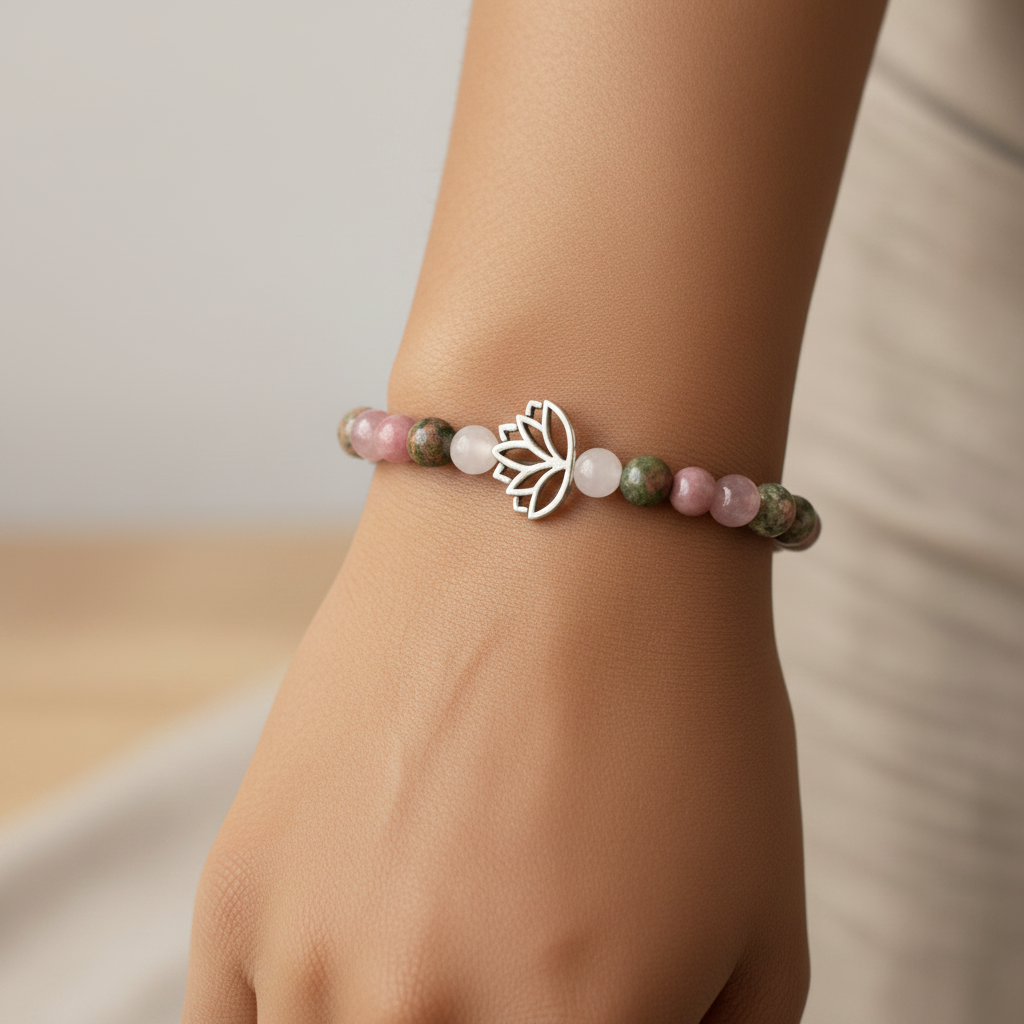 Beaded bracelet with a silver lotus flower charm on a wooden surface