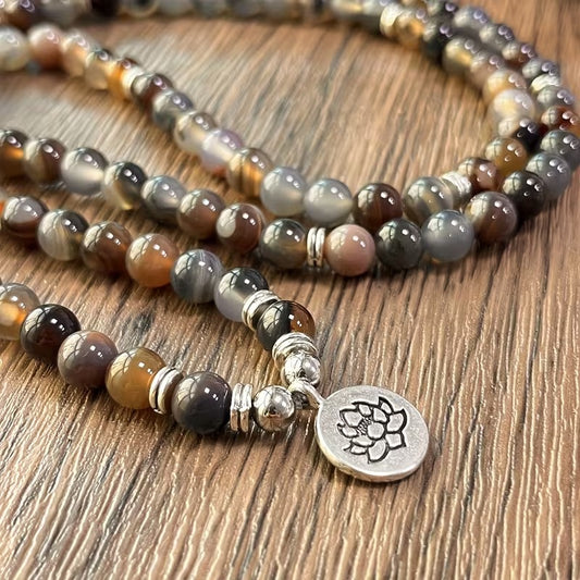 Grey striped agate 108-bead mala necklace with silver lotus charm