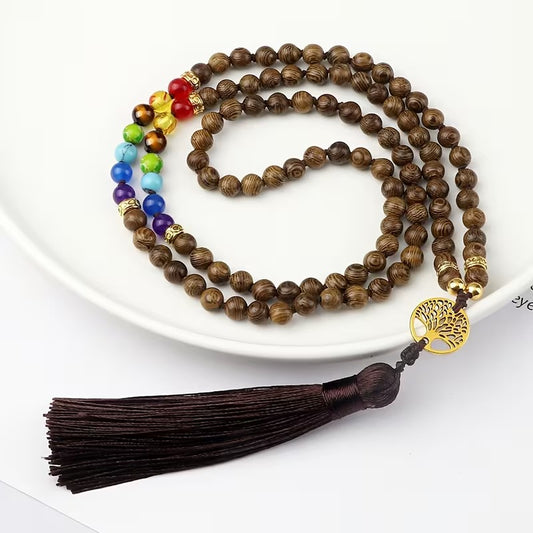 Wooden 108-bead mala necklace with seven chakra stones and tassel