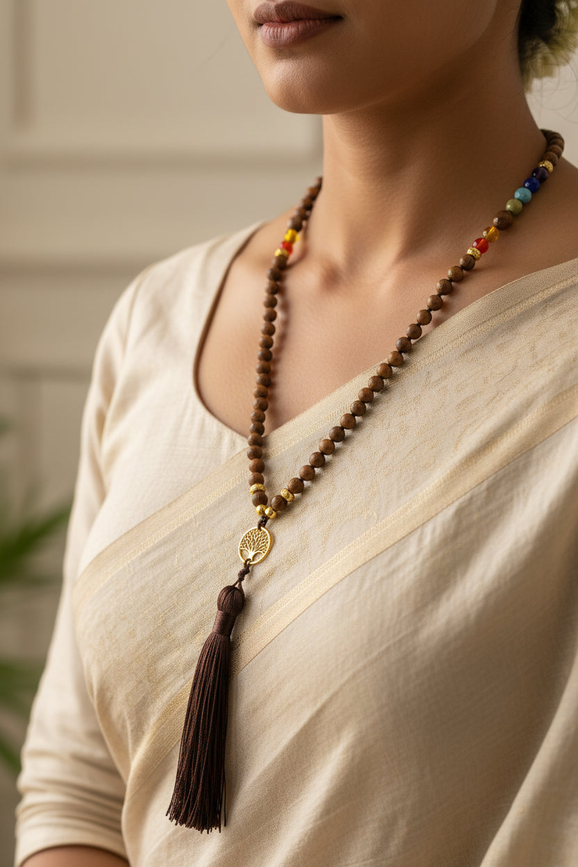 Necklace with wooden beads and tassel on a black mannequin bust