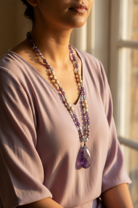 Person wearing a long beaded necklace with a purple pendant in a softly lit room.