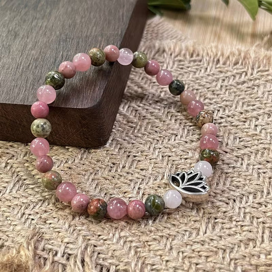 Pink and green unakite bead bracelet with lotus charm