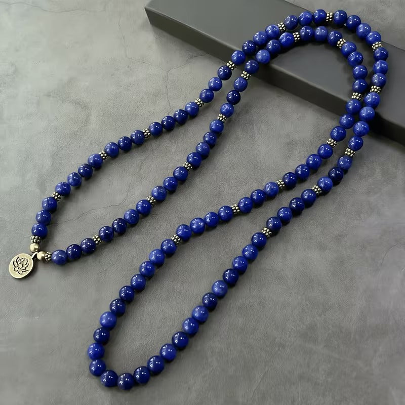 Lapis lazuli 108-bead mala necklace with copper lotus pendant