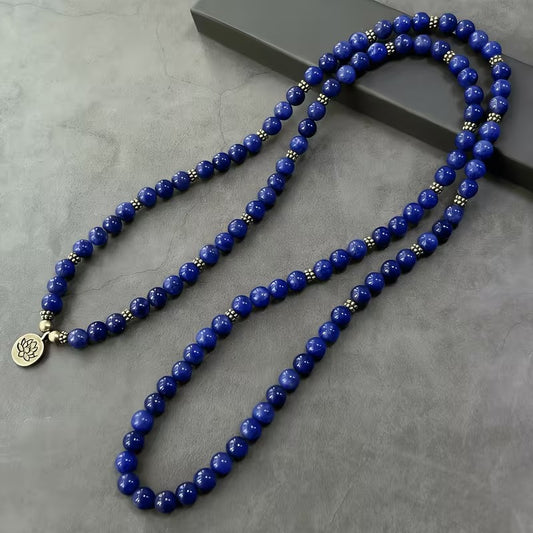 Lapis lazuli 108-bead mala necklace with copper lotus pendant