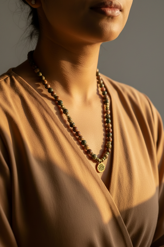 Prithvi Picasso Jasper Mala with Lotus Pendant