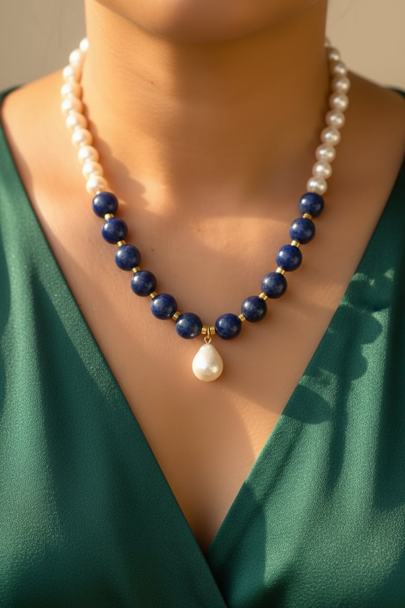 Lakshmi — Lapis & Pearl Layered Necklace