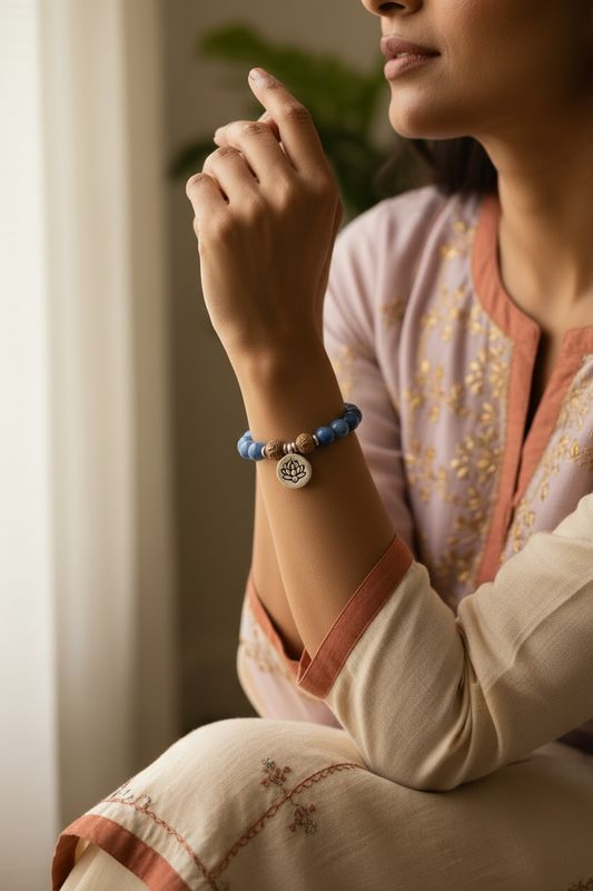 Blue stone and rudraksha bead bracelet with silver lotus charm