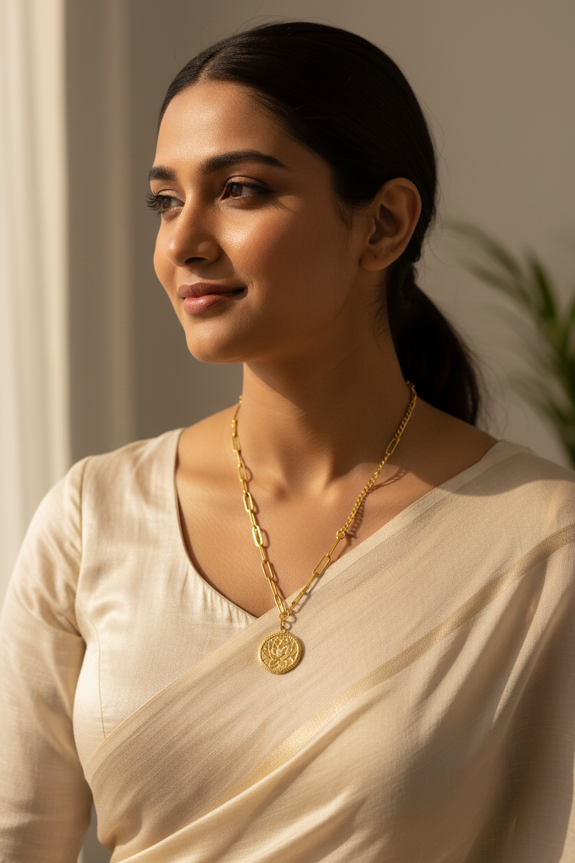 Gold necklace with a decorative pendant on a light background
