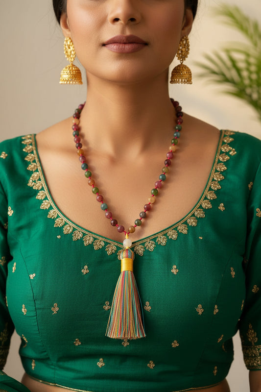 Colourful hand-knotted 108-bead stone mala necklace with tassel