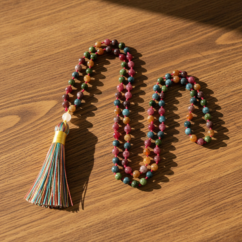 Colourful hand-knotted 108-bead stone mala necklace with tassel