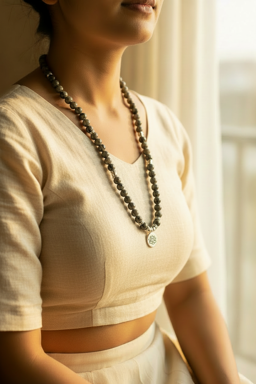 Jyoti Yooperlite Mala with Lotus Pendant