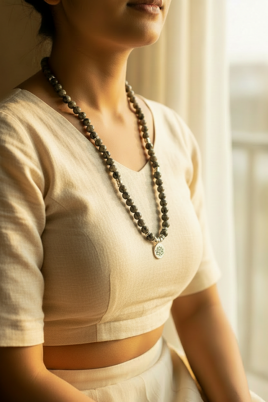 Jyoti Yooperlite Mala with Lotus Pendant