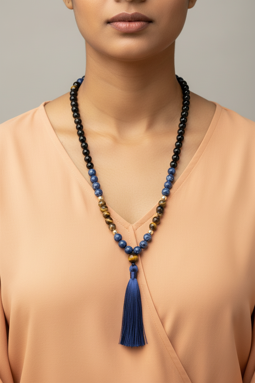 Necklace with blue tassel worn by a person against a neutral background