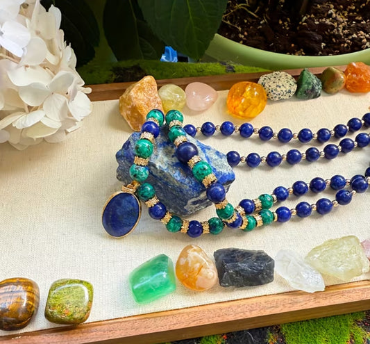 Lapis lazuli double-layer beaded necklace with blue stone drop pendant