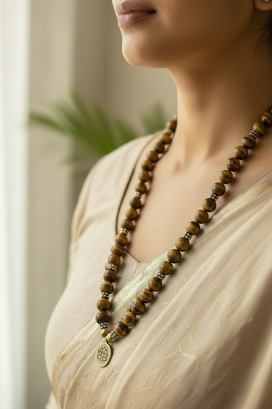 Tiger's eye 108-bead mala necklace in golden brown stone