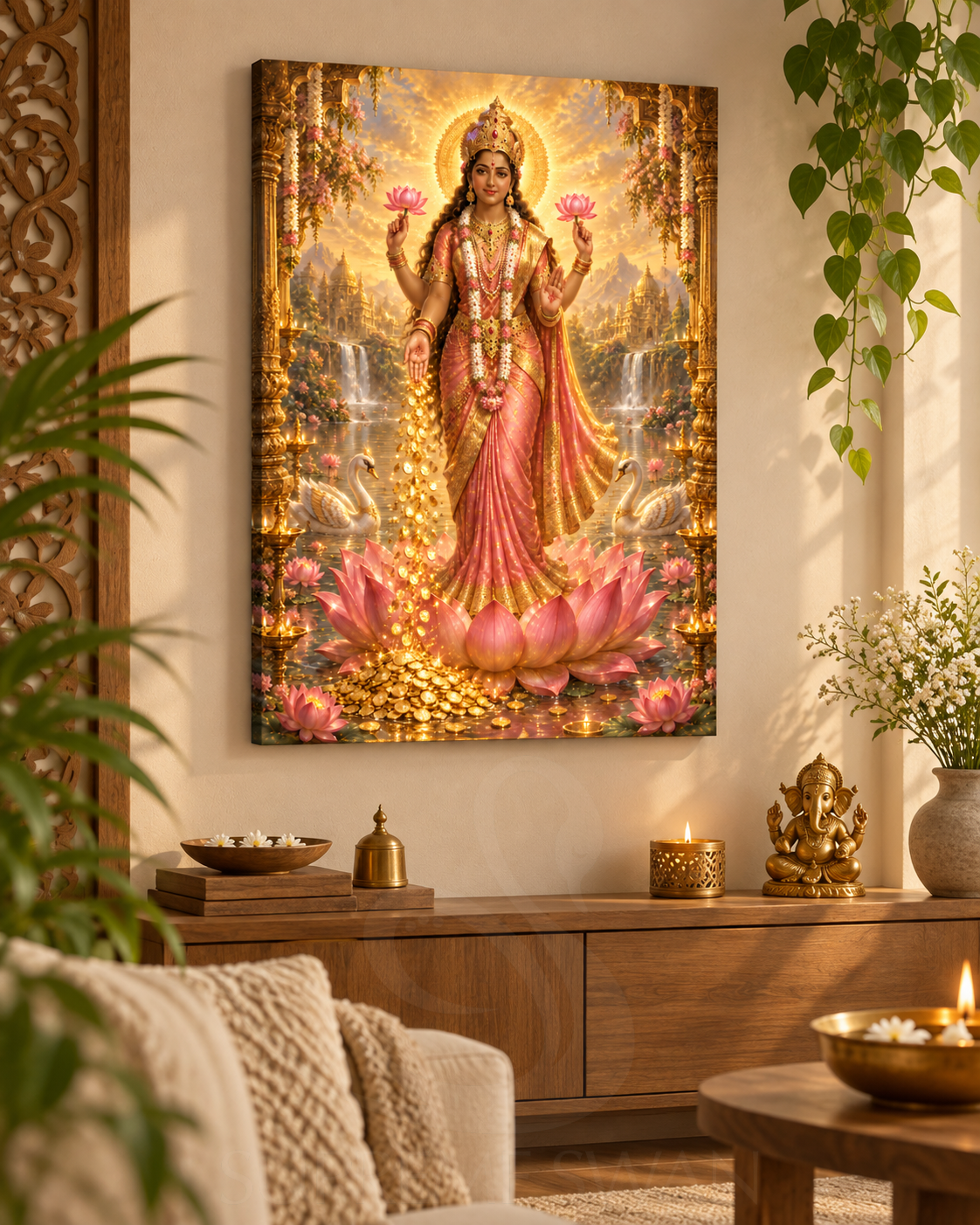 Lakshmi Mata canvas wall mockup with subtle Supreme Swan watermark