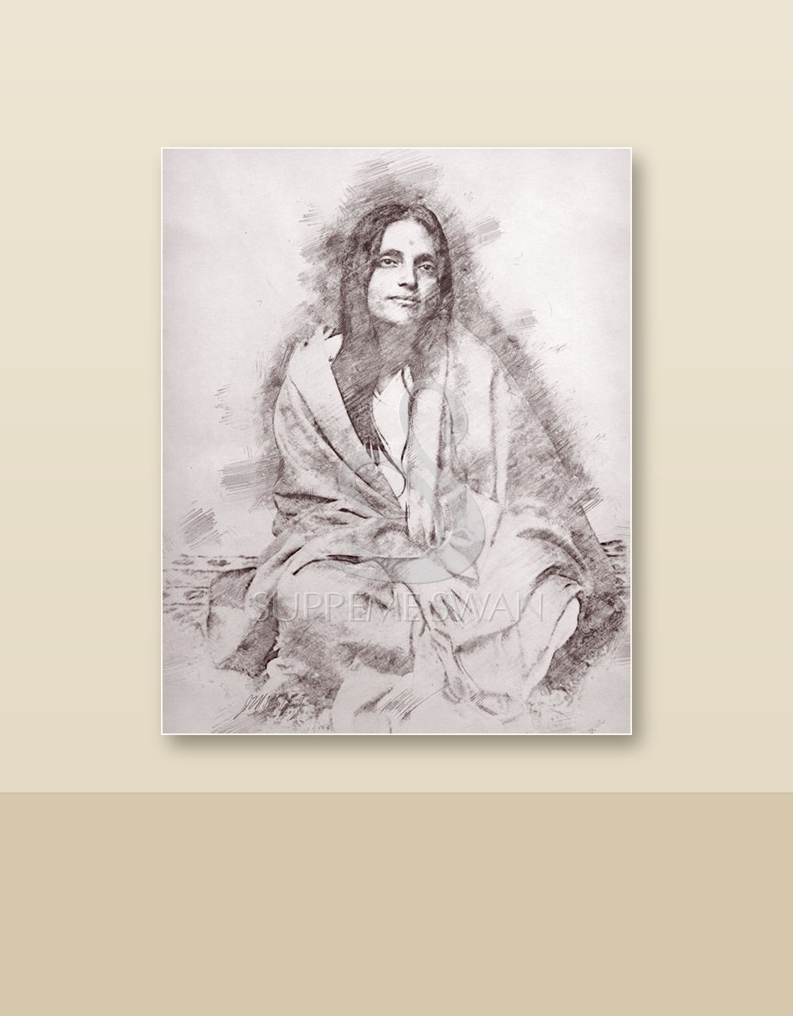 Sri Anandamayi Ma canvas shown on a wall