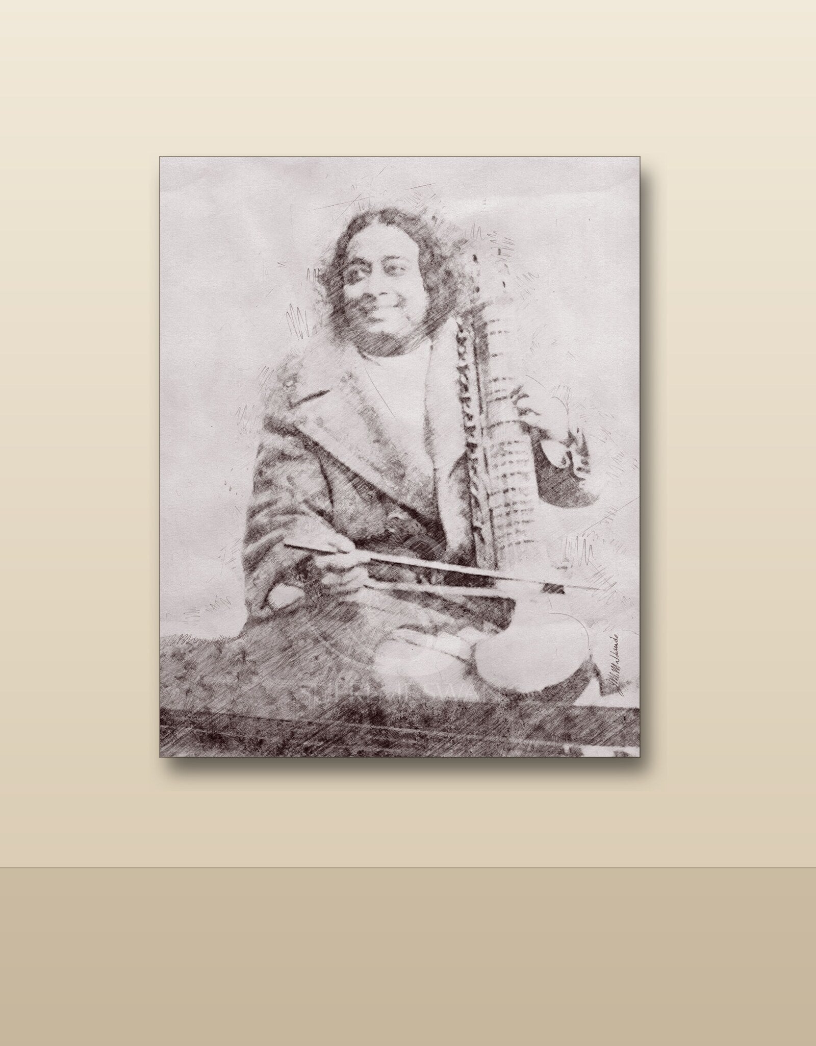 Yogananda with esraj canvas shown on a wall