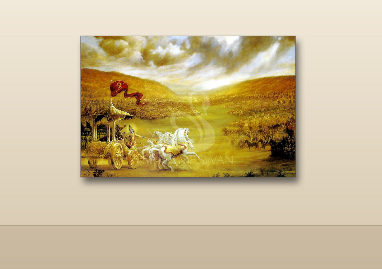 Krishna & Arjuna golden panorama canvas shown on a wall